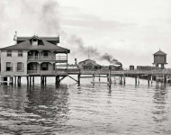Florida circa 1890s. Tampa Pier. A house on the water.